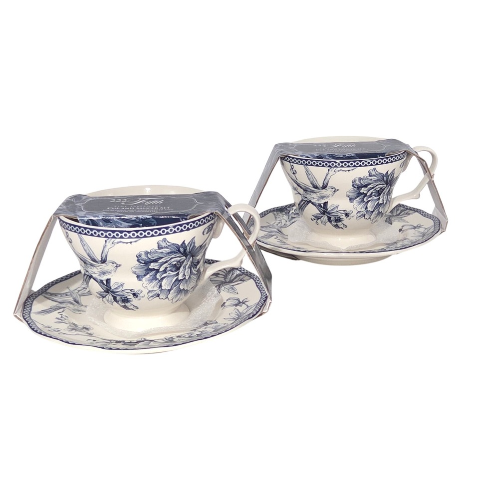 222 FIFTH Adelaide Blue Toile Floral Birds Coffee Tea Cup & Saucer Set of 2